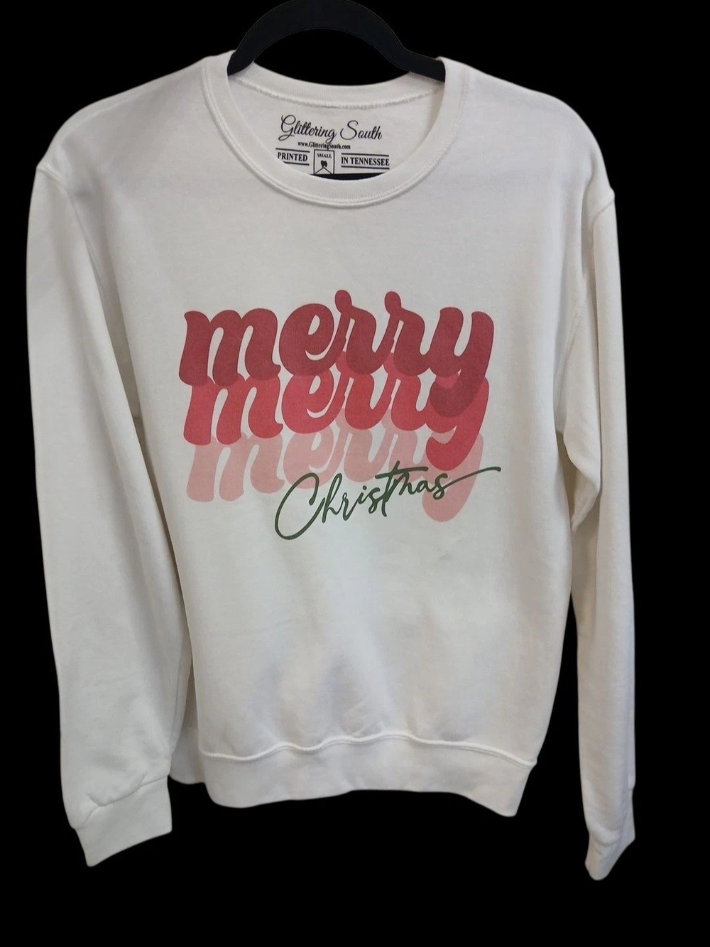 White Merry Christmas Graphic Long Sleeve Pullover - Printed in Tennessee